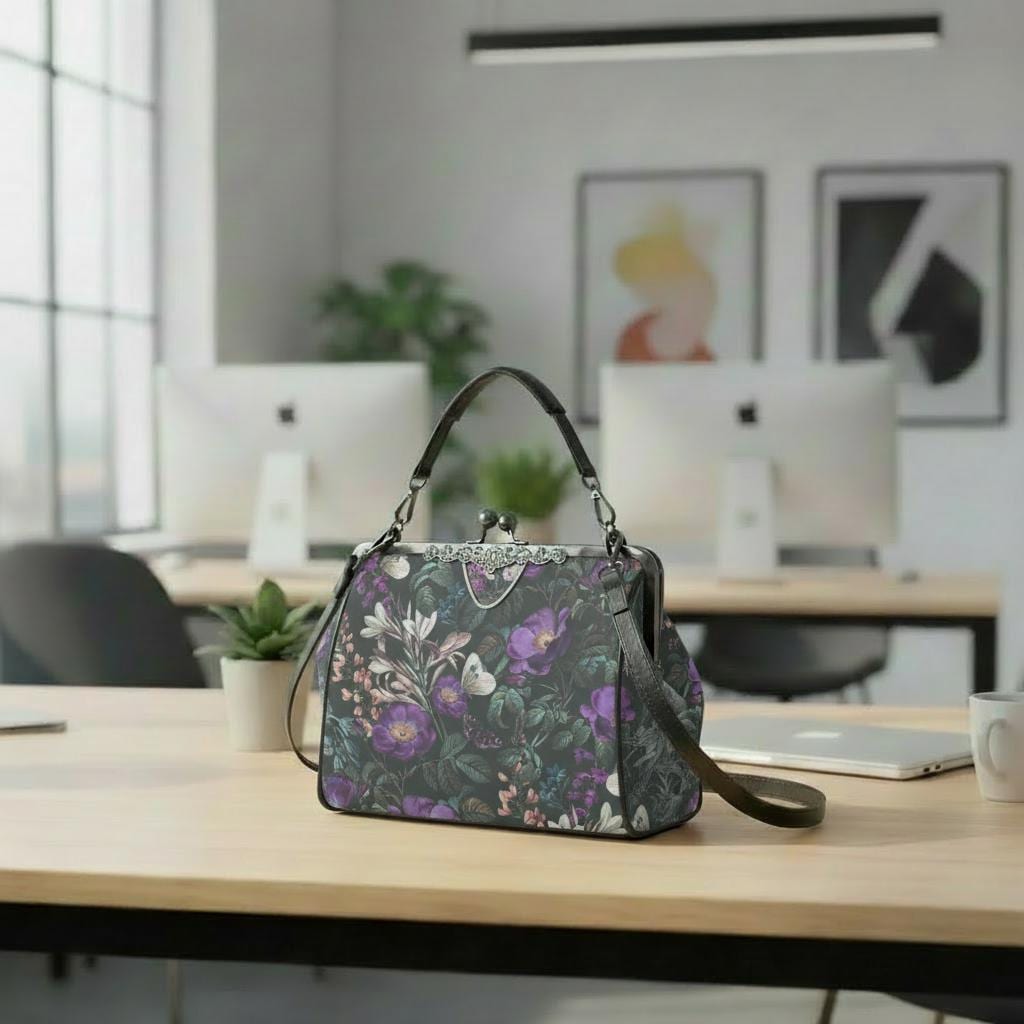 Dark Flowers Butterflies Kisslock Crossbody Handbag - Vintage Academia Floral Bag