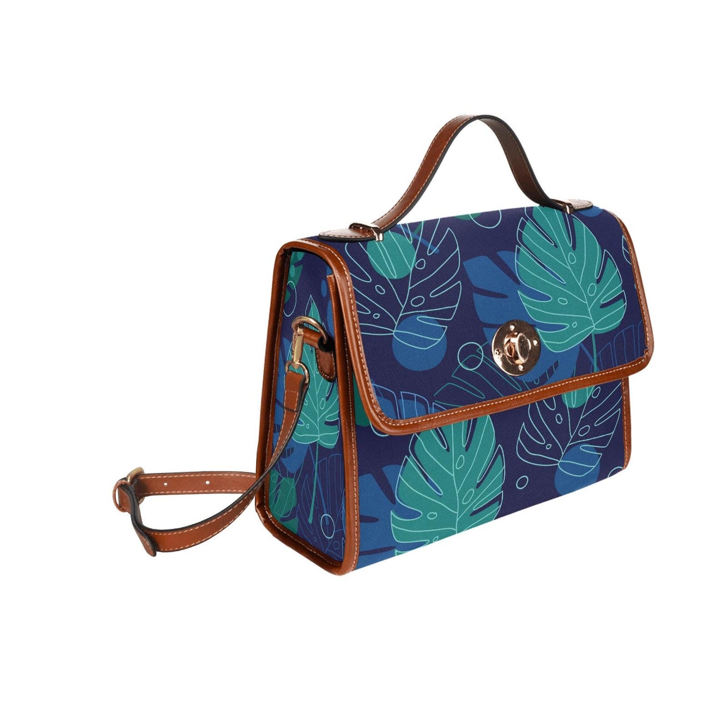 Retro Monstera Botanical Canvas Crossbody Bag – Blue Brown Vintage Style