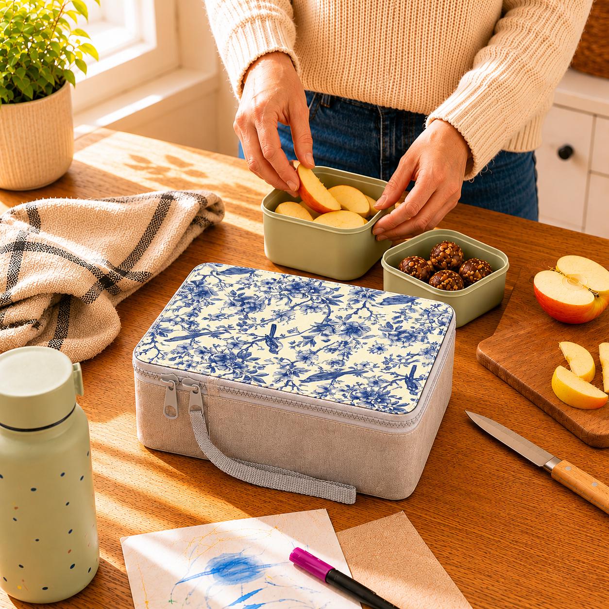 Wiederverwendbare Toile de Jouy Lunchbox aus Papier: Umweltfreundliche Lebensmittelaufbewahrung