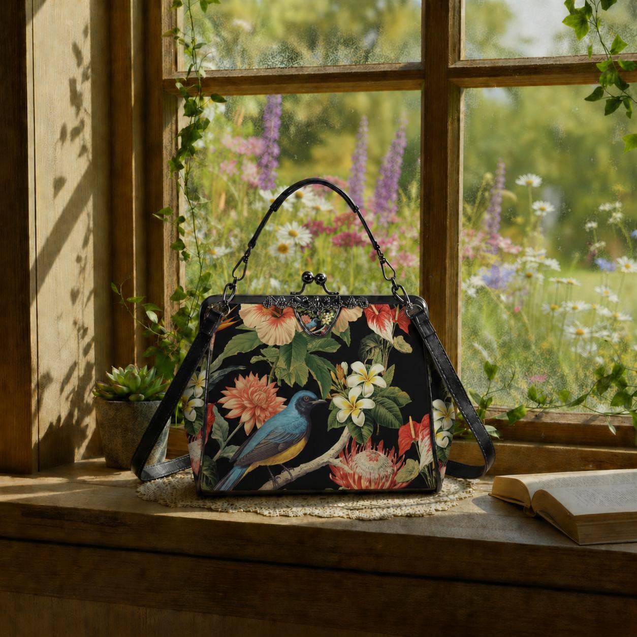 Bold Exotic Flowers & Bird Kisslock Crossbody Shoulder Bag - Dark Academia Handbag
