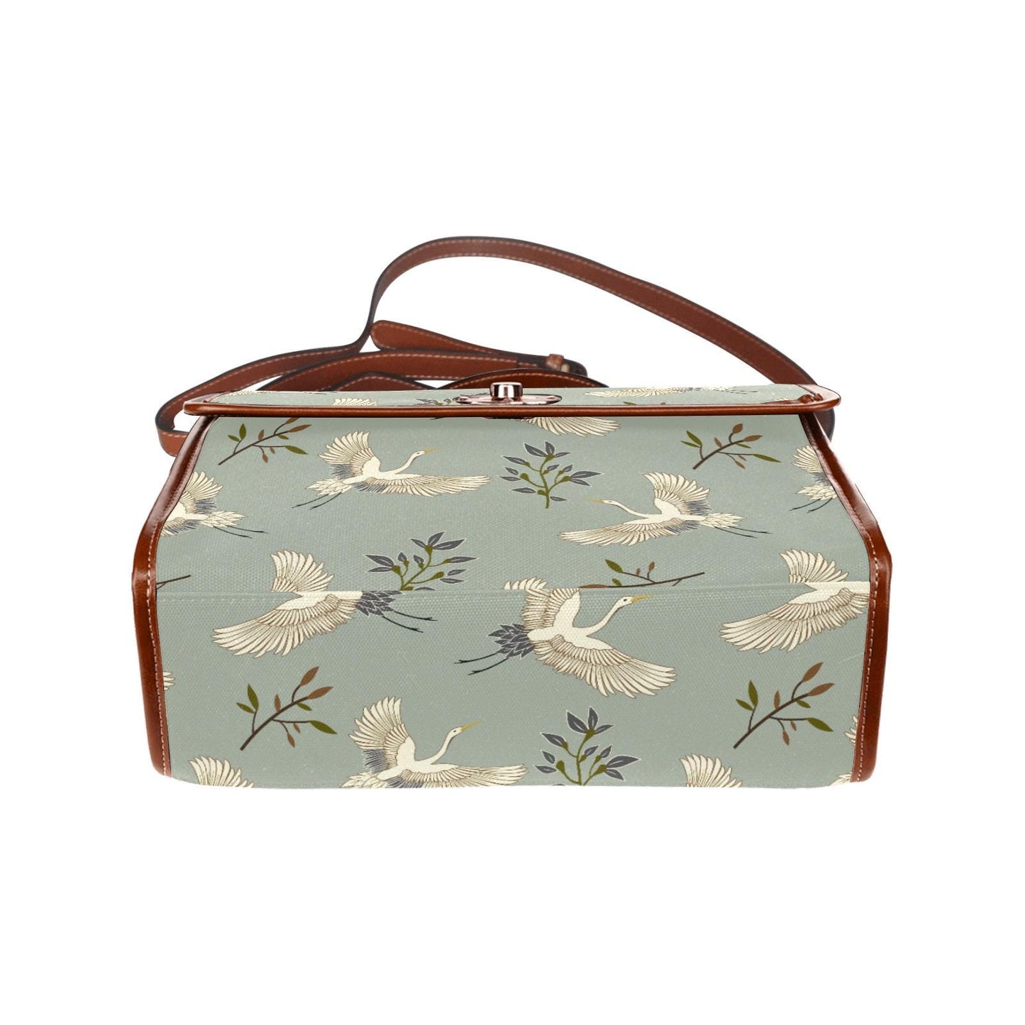 Cranes Canvas Crossbody Handbag – Vintage Gray Green Japandi Top Handle Bag