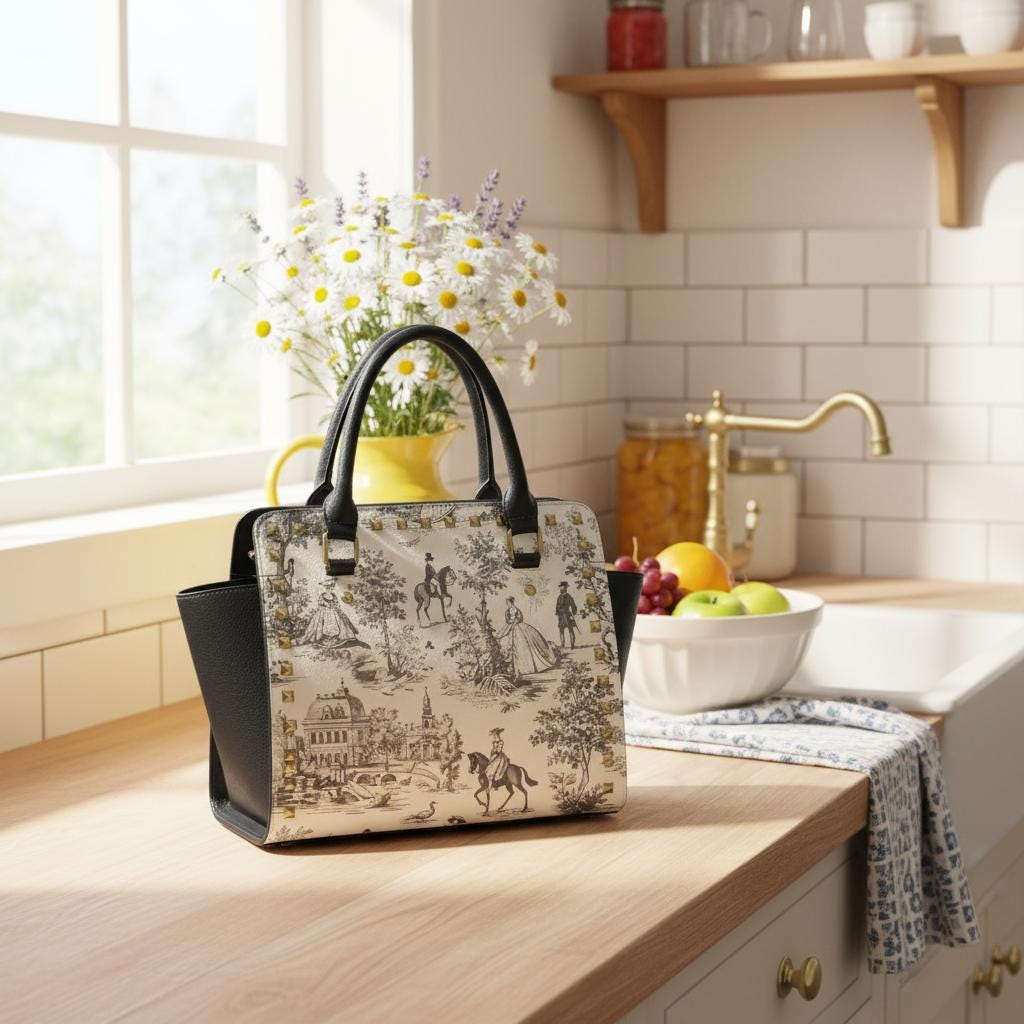 Toile de Jouy Black White Shoulder Handbag – French Vintage Style Purse