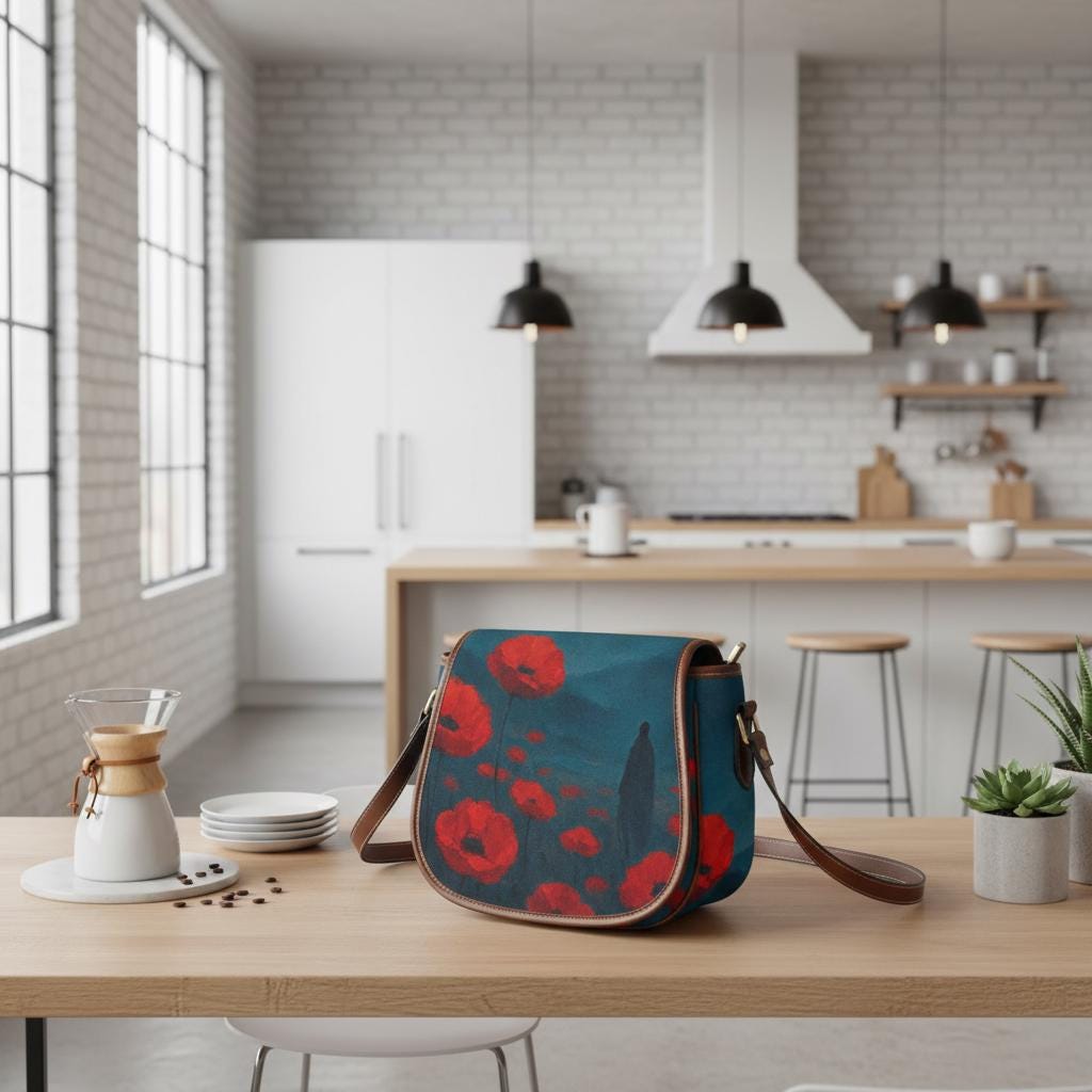 Poppy Field at Night Dark Academia Saddle Bag - Moody Gothic Crossbody Handbag