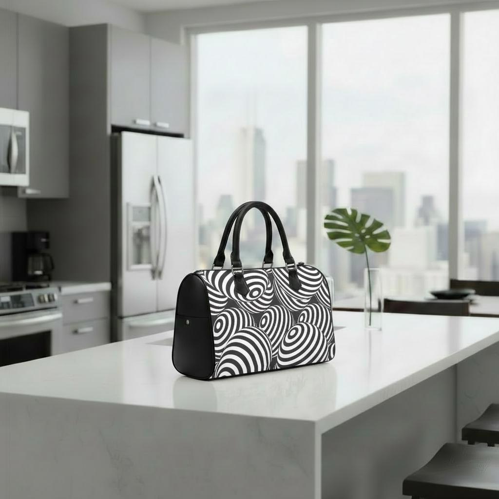 Retro 80s Op-Art Barrel Handbag – Black White Monochrome Everyday Purse