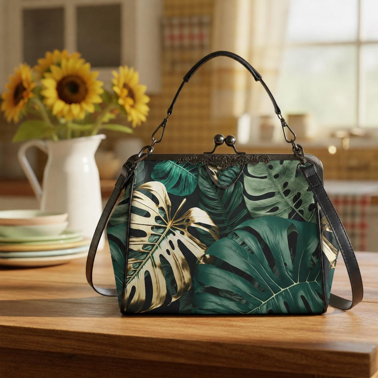 Retro Green Gold Monstera Leaf Handbag - Botanical Kisslock Crossbody Shoulder Bag