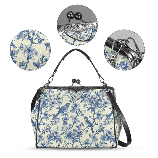 Bolso bandolera vintage de toile de Jouy con cierre de beso – bolso victoriano con correa ajustable