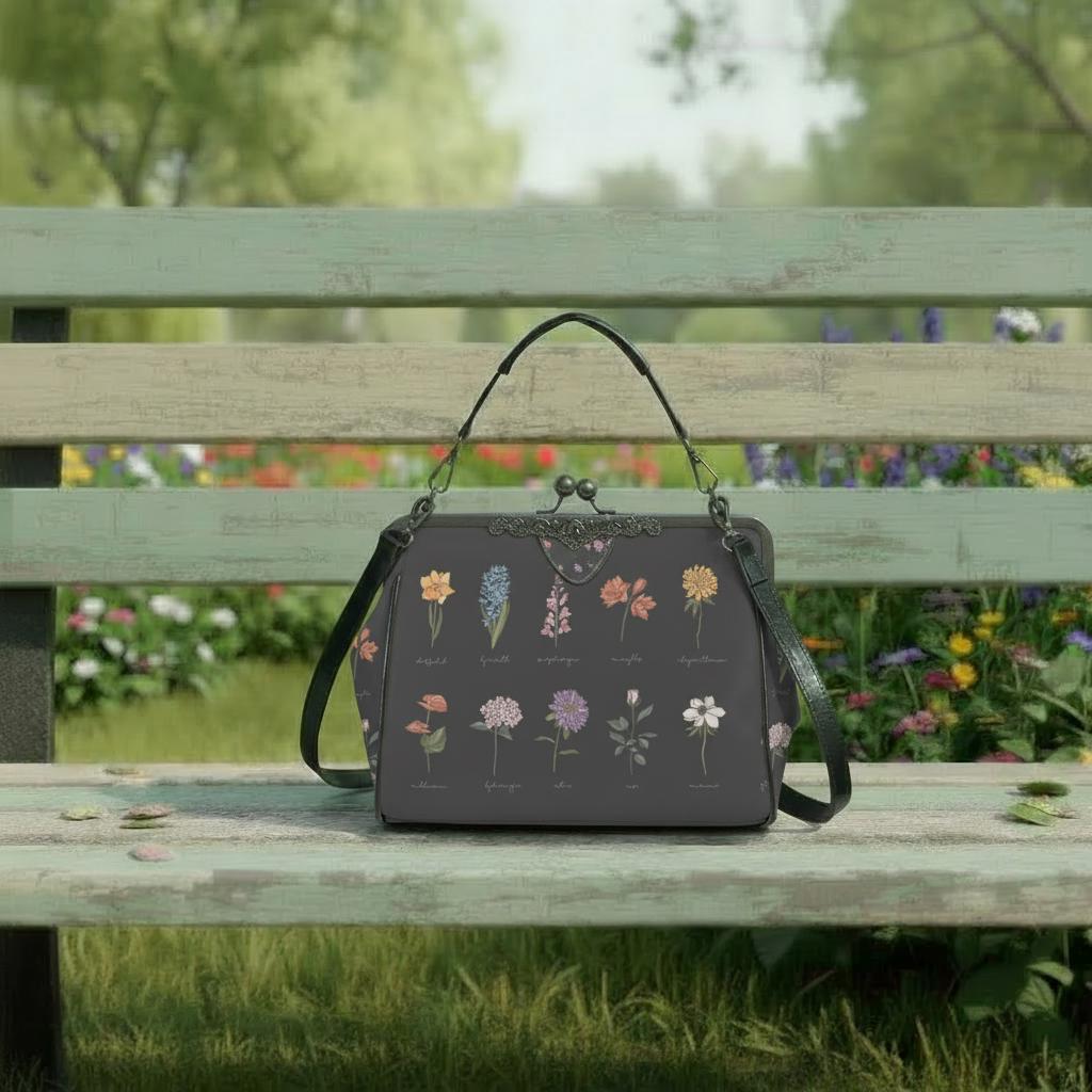 Black Floral Victorian Kisslock Crossbody Handbag - Dark Academia Gothic Bag