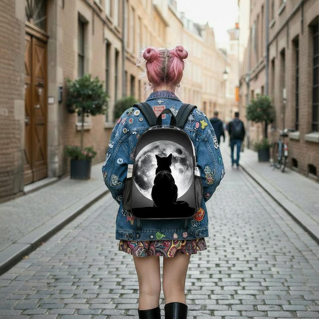Black Cat & Moon Clear PVC Backpack, School Travel Business Daypack with Side Pockets