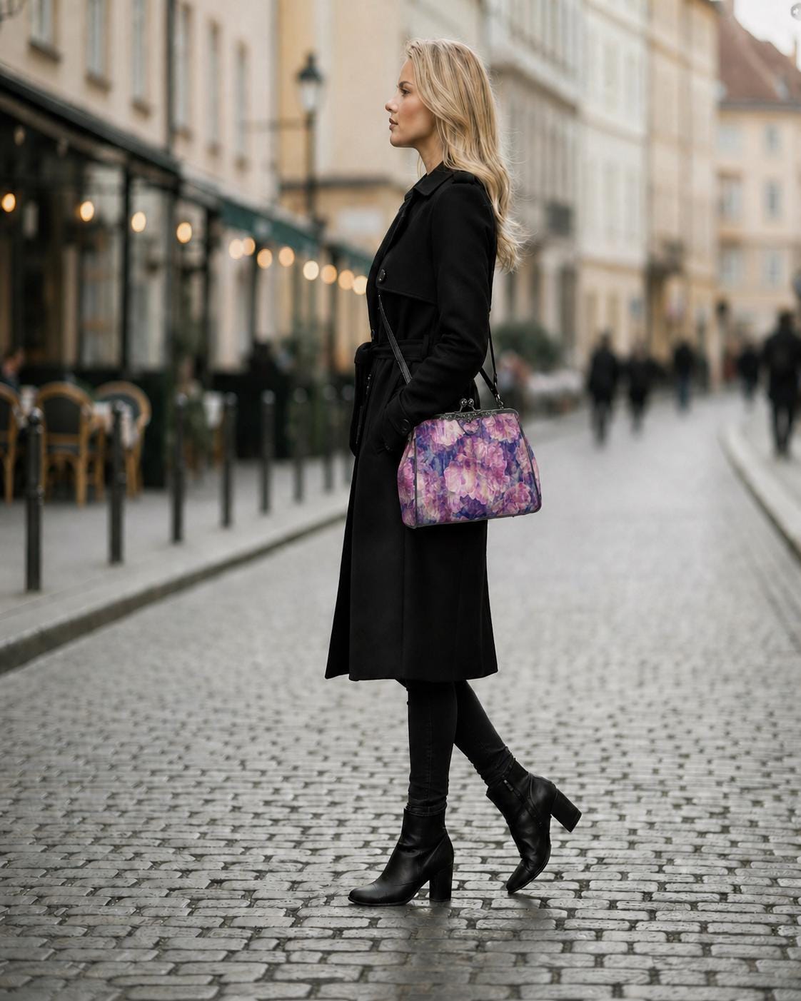 Purple Pink Flowers Kisslock Handbag - Faded Vintage Floral Crossbody Shoulder Bag