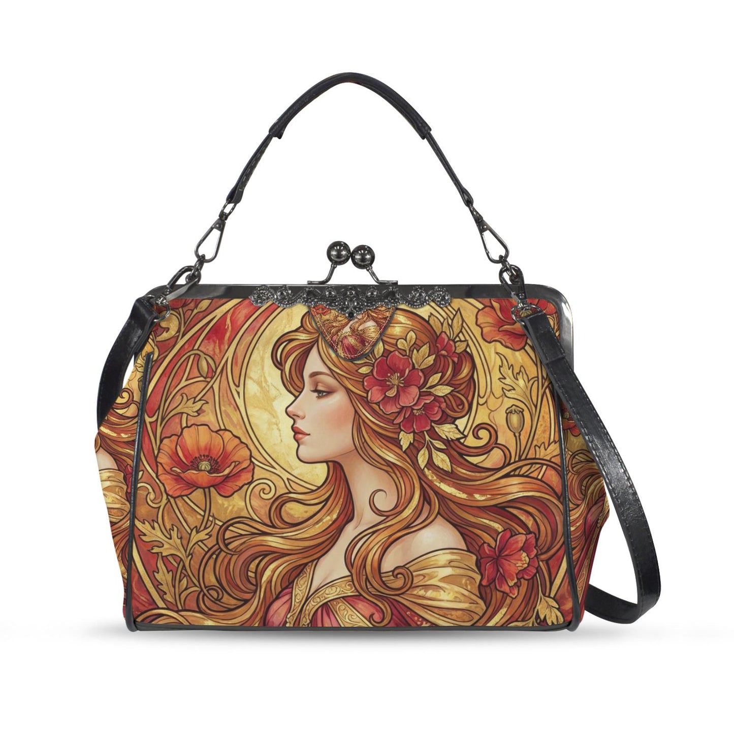 Art Nouveau Style Kisslock Crossbody Handbag - Vintage Romantic Bag