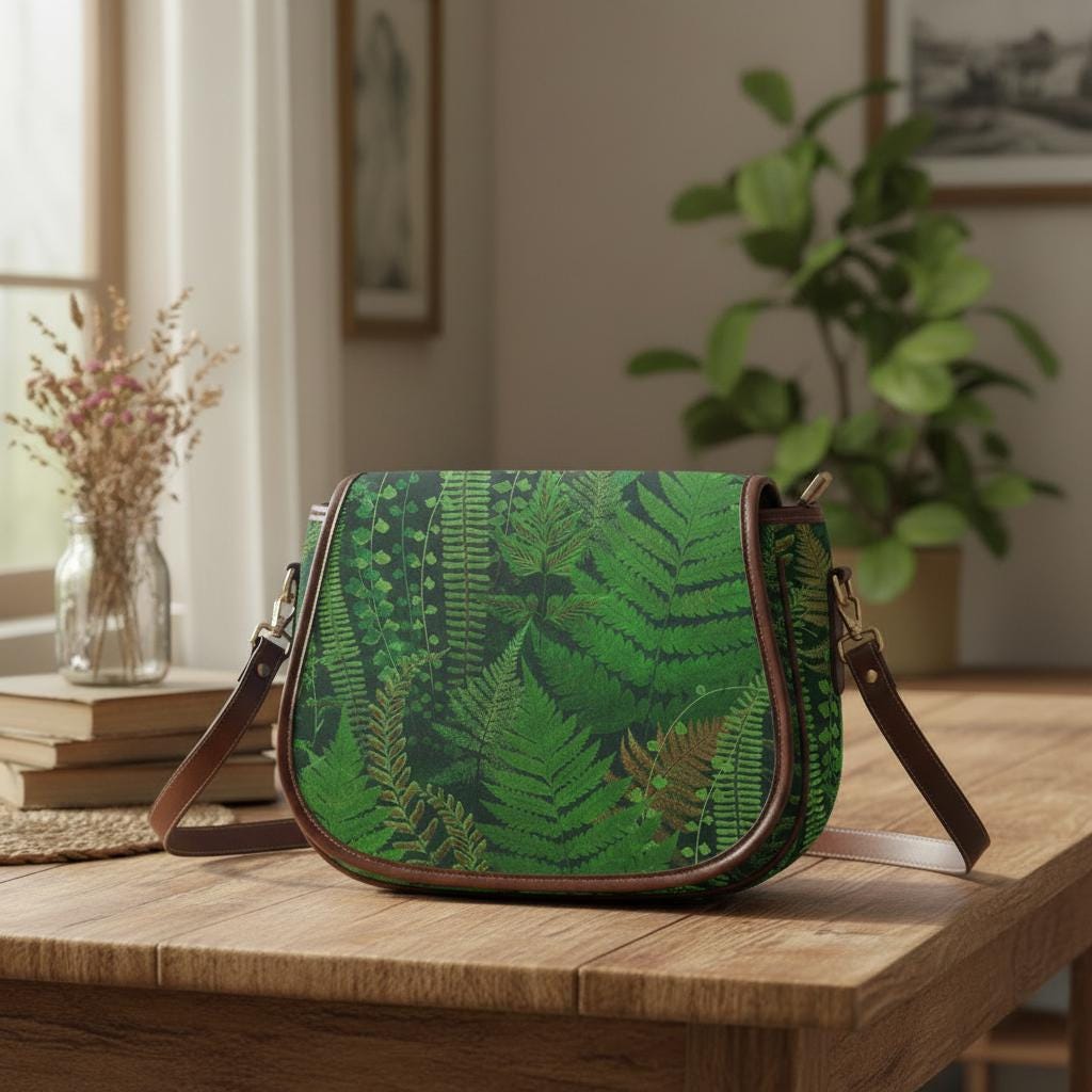 Bolso de montar verde con helechos – bolso botánico de estilo dark academia