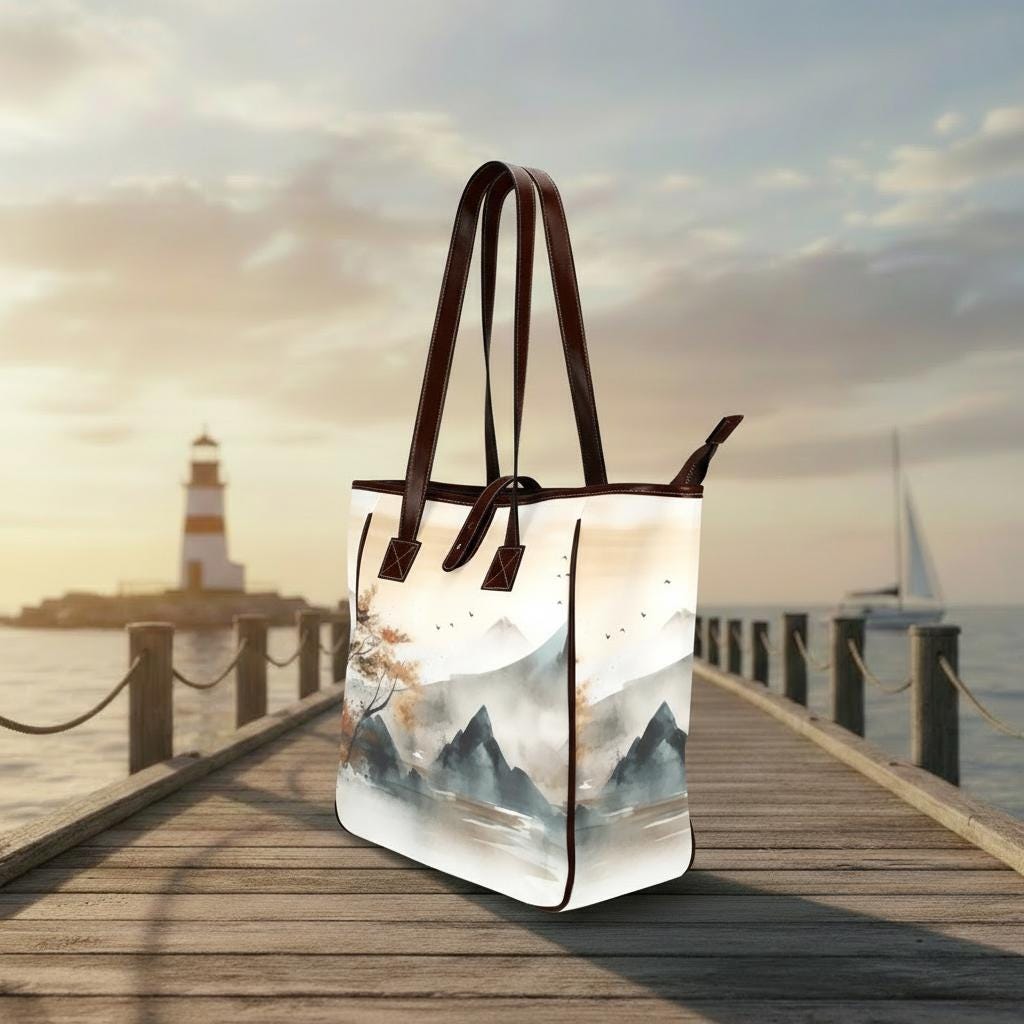 Japanese Watercolor Mountains Tote Bag – Large Asian Art Style Handbag
