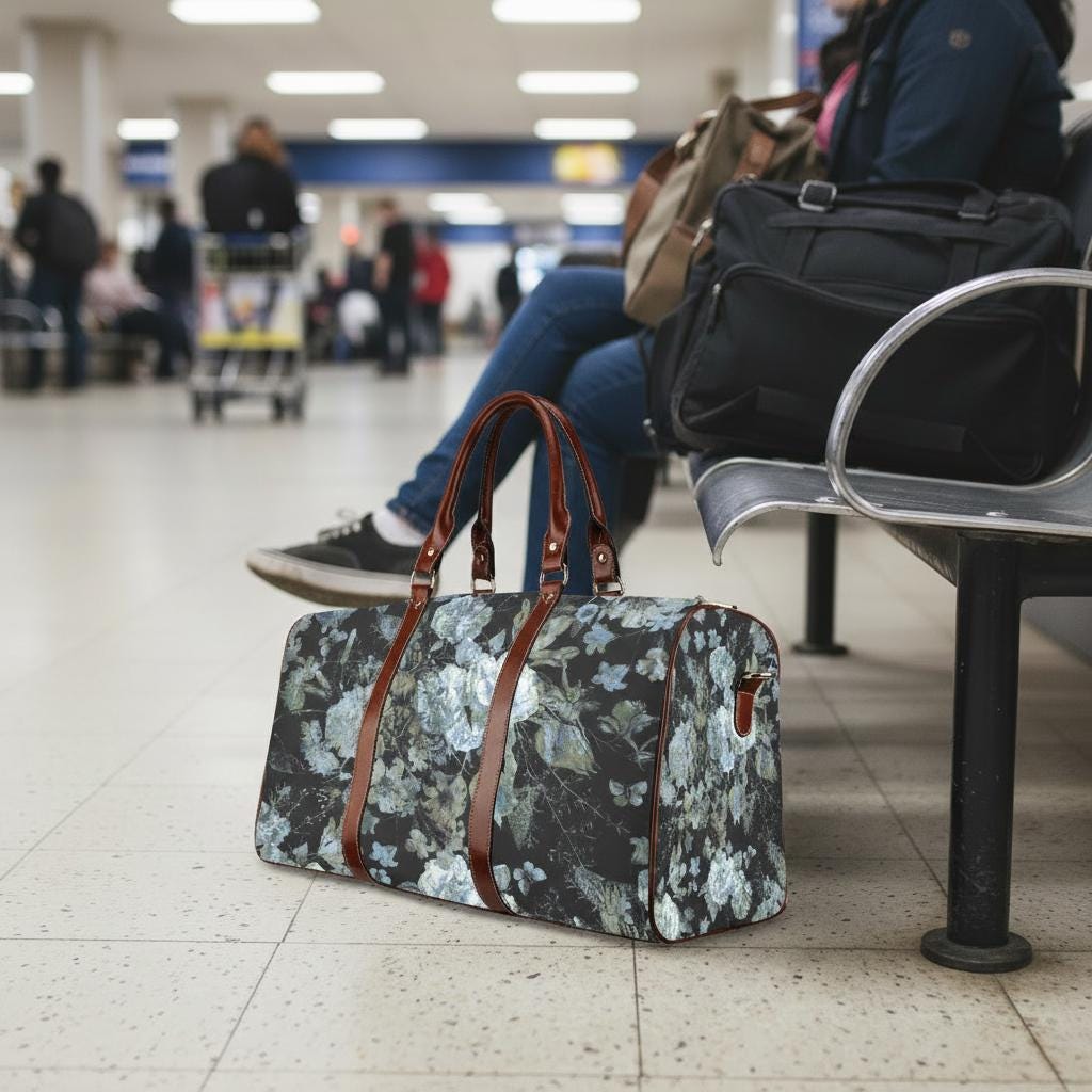 Dark Academia Black Gray Floral Travel Bag – Waterproof Grunge Weekender Duffle