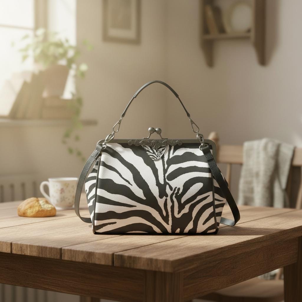 Zebra Print Kisslock Handbag – Vintage Style Crossbody Purse