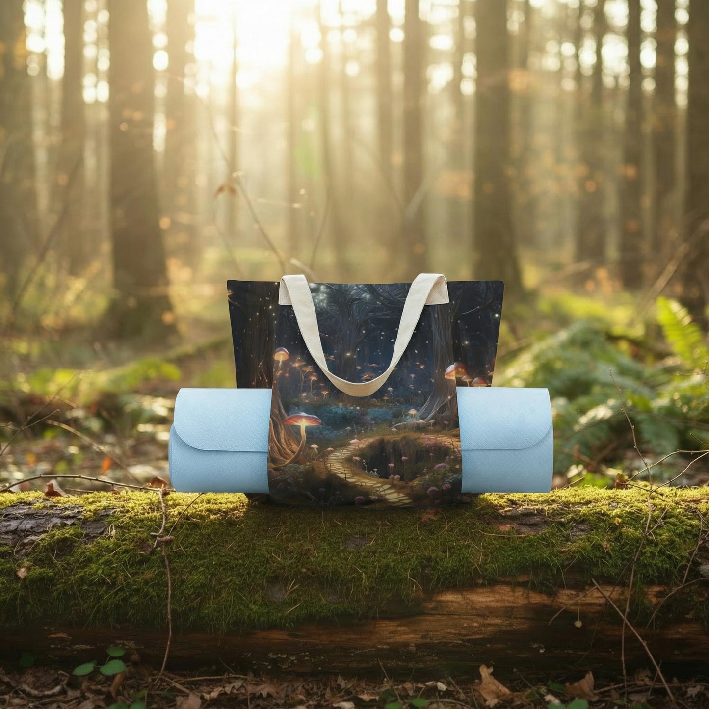 Enchanted Forest Yoga Tote Bag with Mat Holder – Large Mushroom Cotton Linen Tote