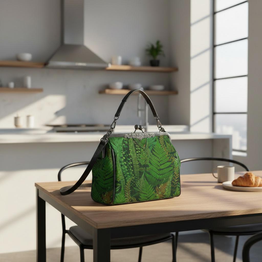 Dark Academia Green Fern Kisslock Crossbody Handbag - Vintage Forest Bag