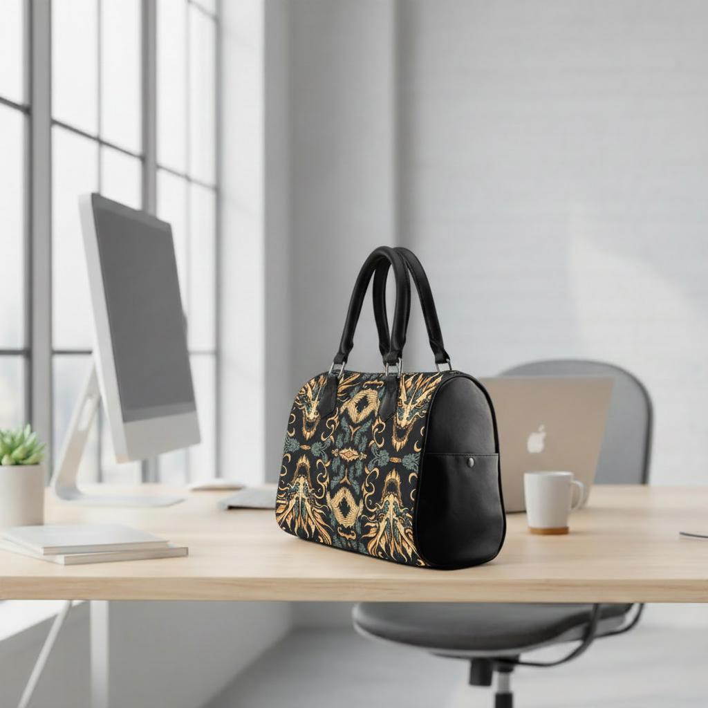 Asian Dragon Print Barrel Handbag – Black Gold Everyday Bag