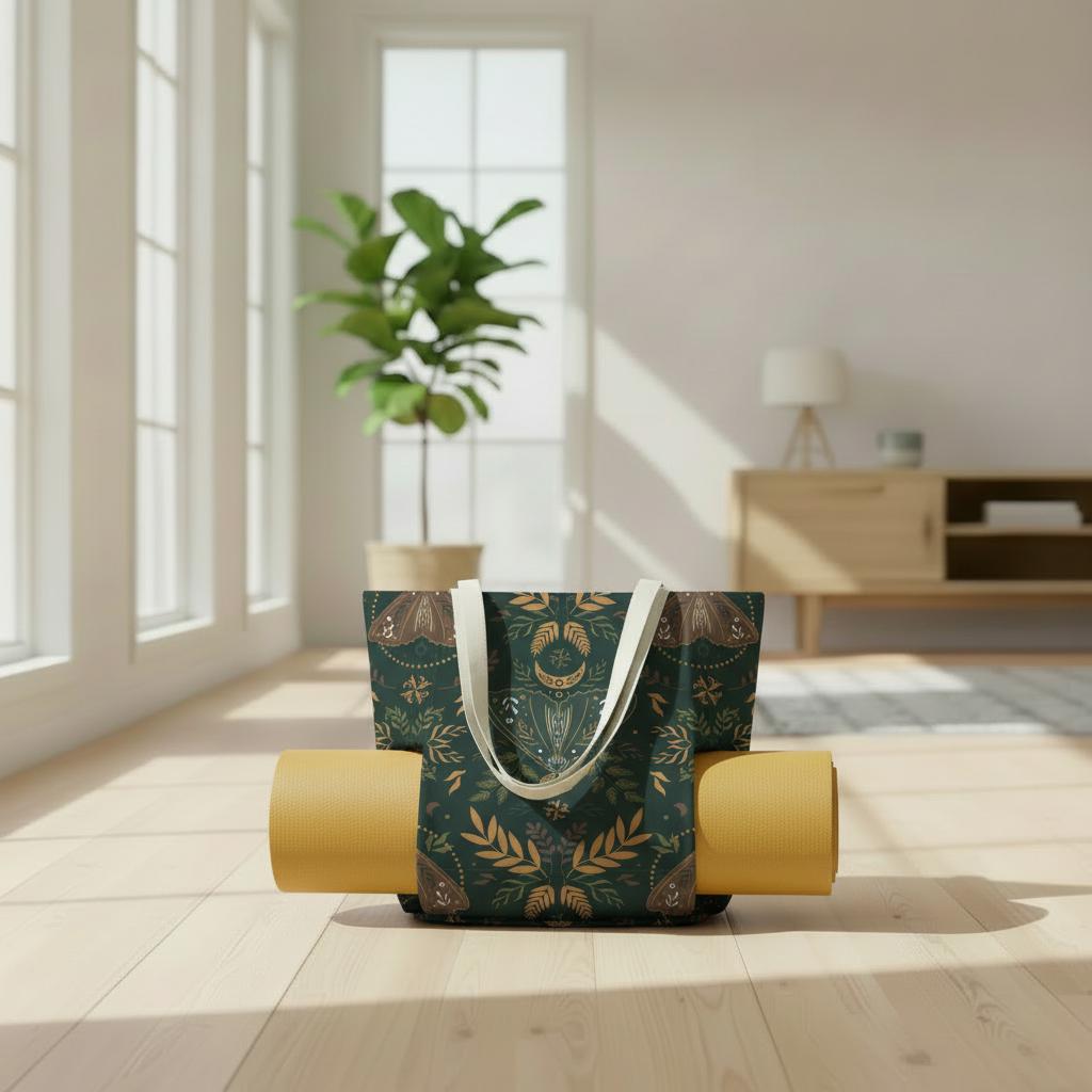 Nordic Retro Yoga Tote Bag with Mat Holder – Large Folkloric Cotton Linen Tote
