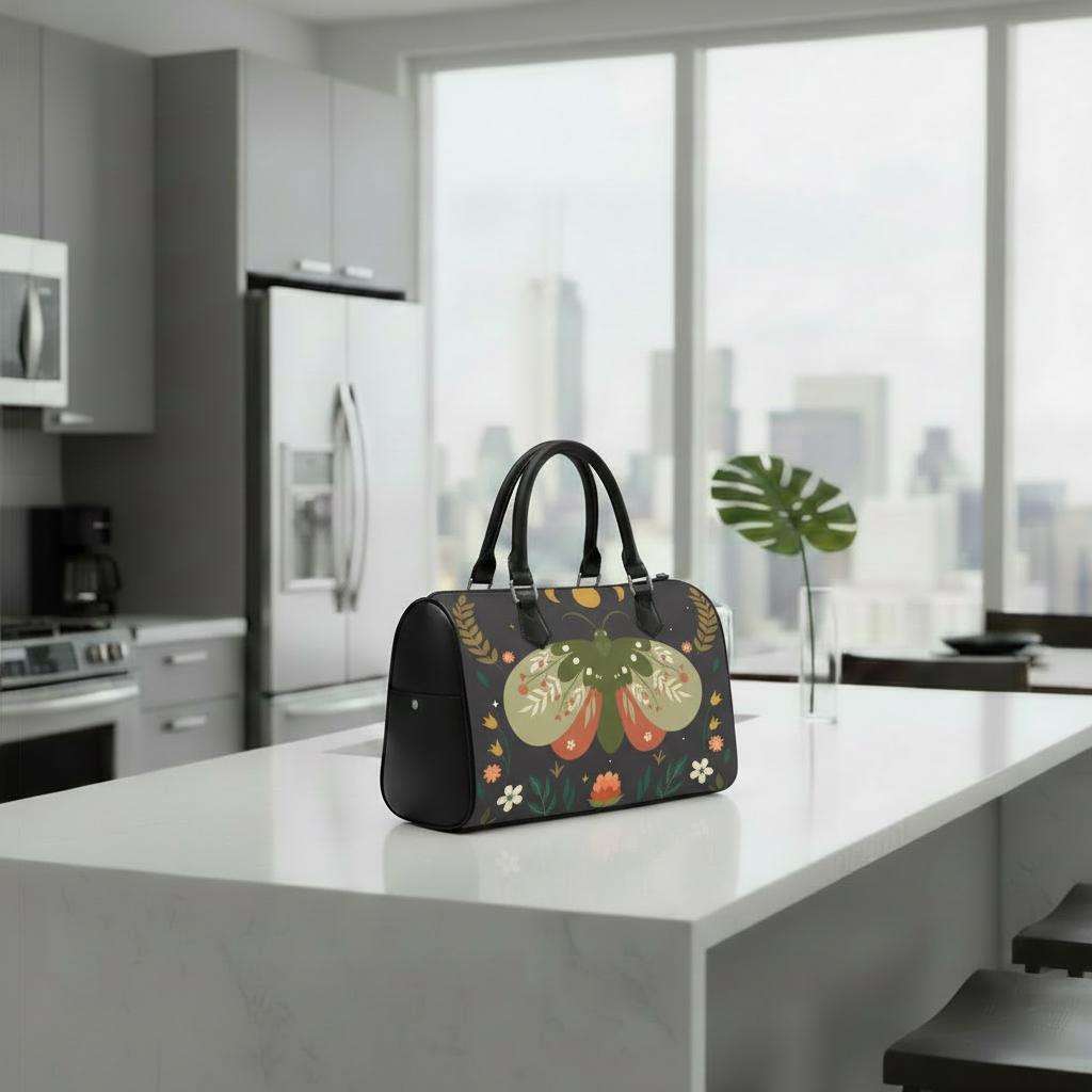 Dark Academia Moth Barrel Handbag – Black Green Orange Everyda Bag