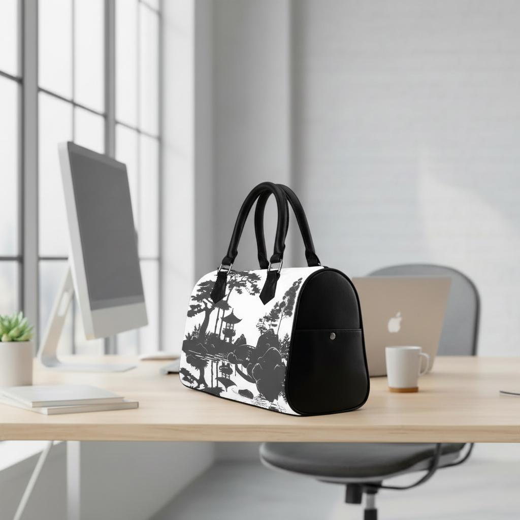 Asian Ink Pagoda Barrel Handbag – Black White Zen Art Wabisabi Purse