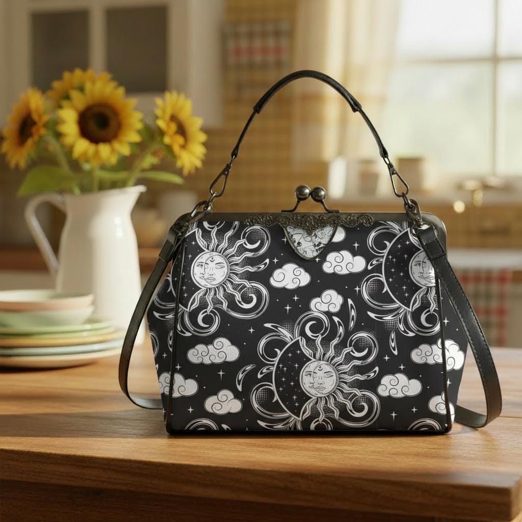 Witchcraft Sun and Moon Kisslock Handbag – Dark Academia Black White Crossbody