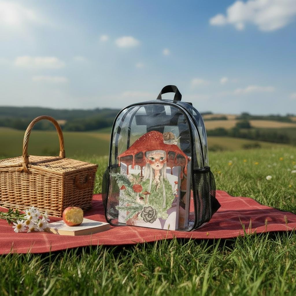 Fairycore Clear PVC Backpack, Mushroom Forest Daypack, Mesh Side Pockets