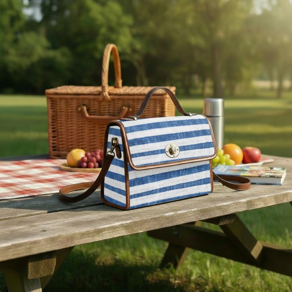 Blue White Nautical Striped Canvas Crossbody Bag – Beach Sailing Top Handle Handbag