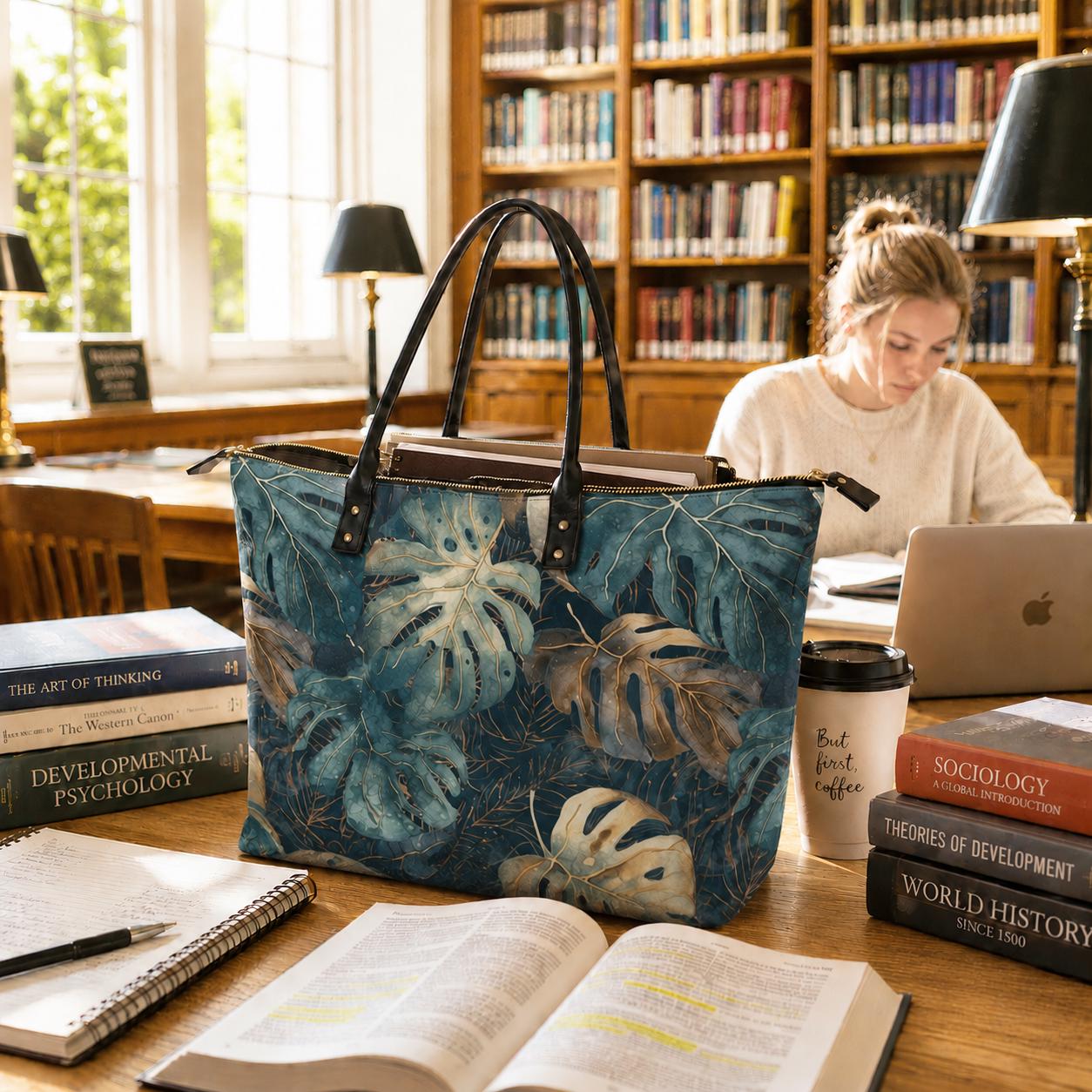 Roomy Tote Bag with Retro Monstera Leaves - Large Shoulder Handbag Shopper