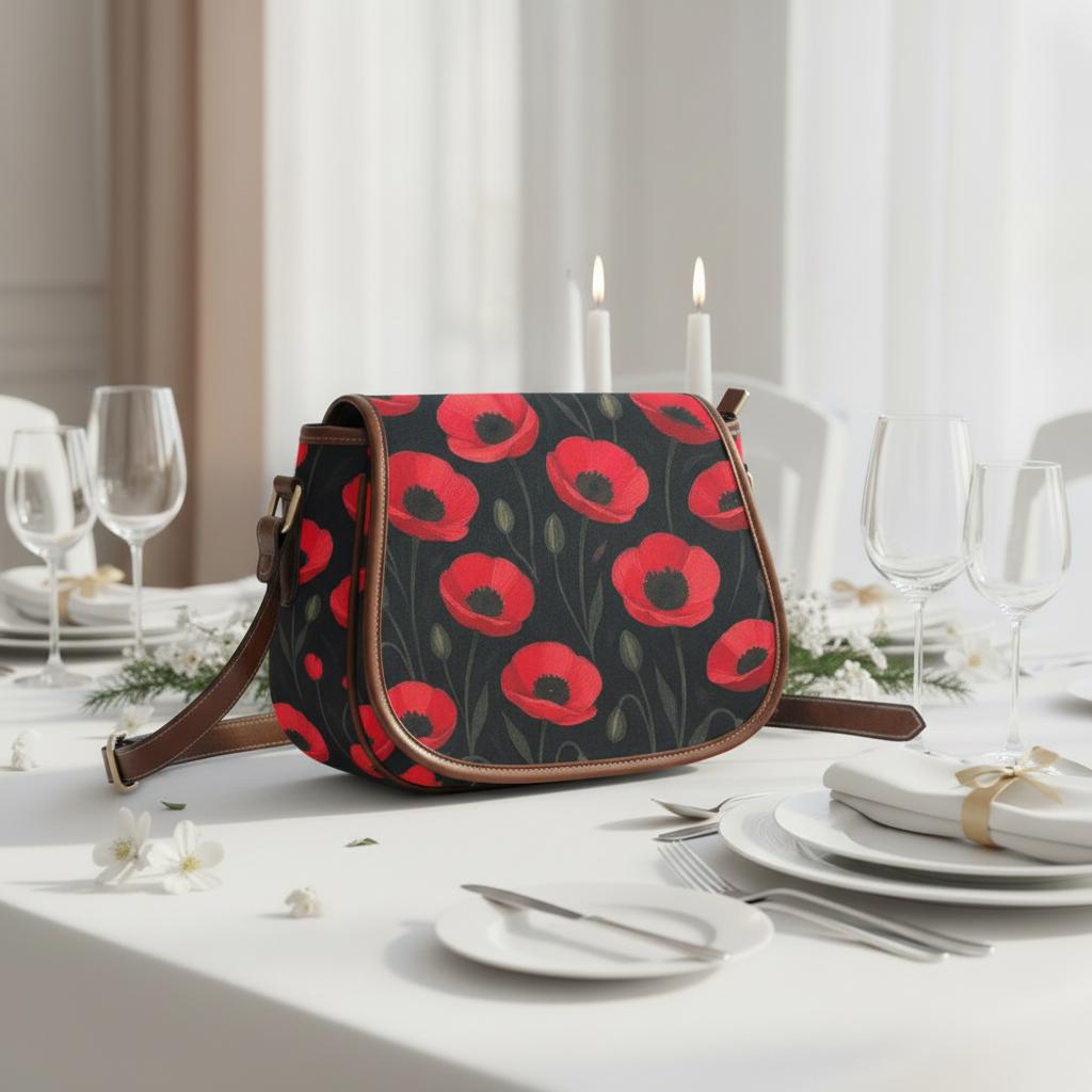 Black Red Poppies Shoulder Saddle Handbag, Romantic Gothic Dark Academia Crossbody