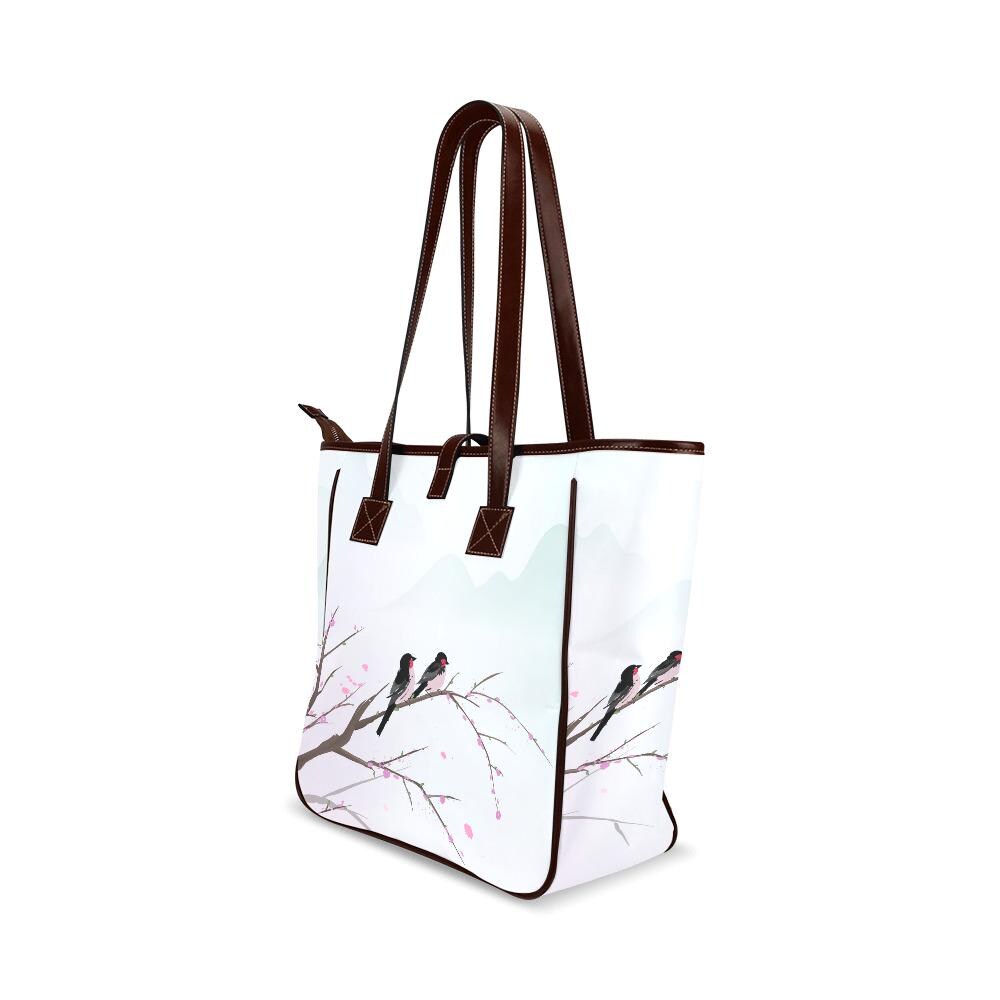 Sakura Watercolor Birds Tote Bag – Large Asian Art Style Handbag