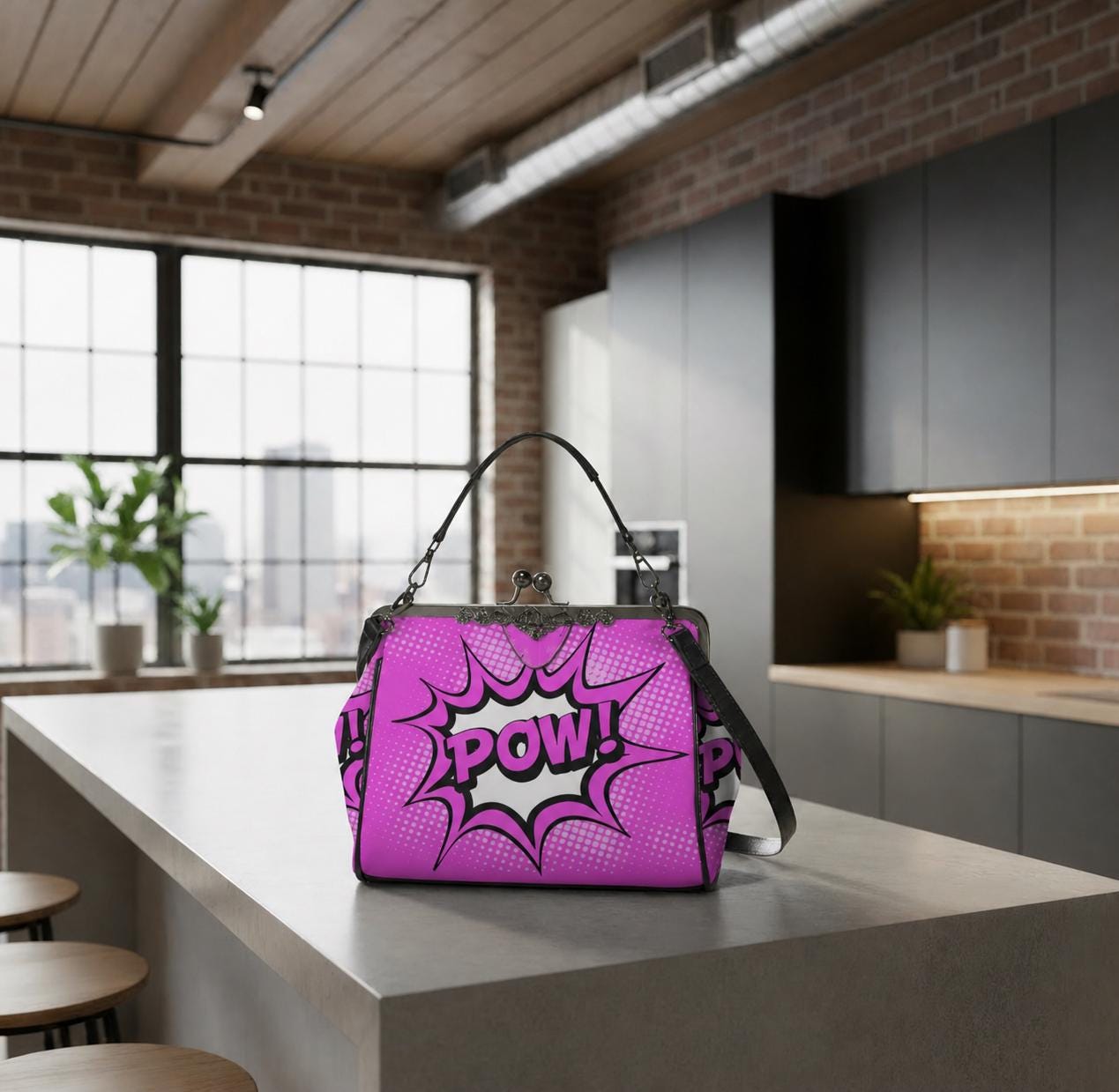 Pop-Art Y2K Comic Vegan Kisslock Tasche – Pink Bold Graphic Umhängetasche
