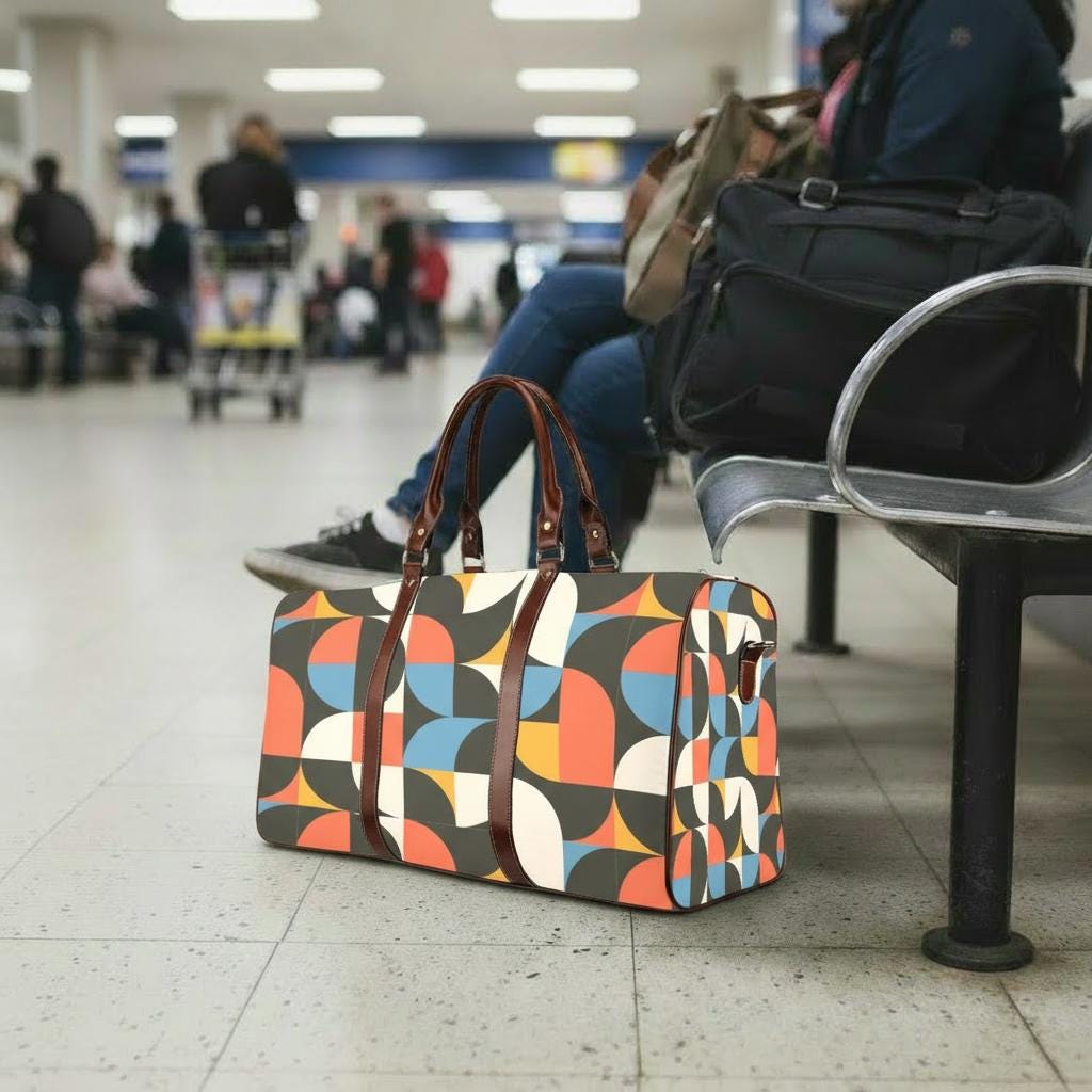 Retro 60s Midcentury Travel Bag – Black Red Blue Waterproof Weekender Duffle