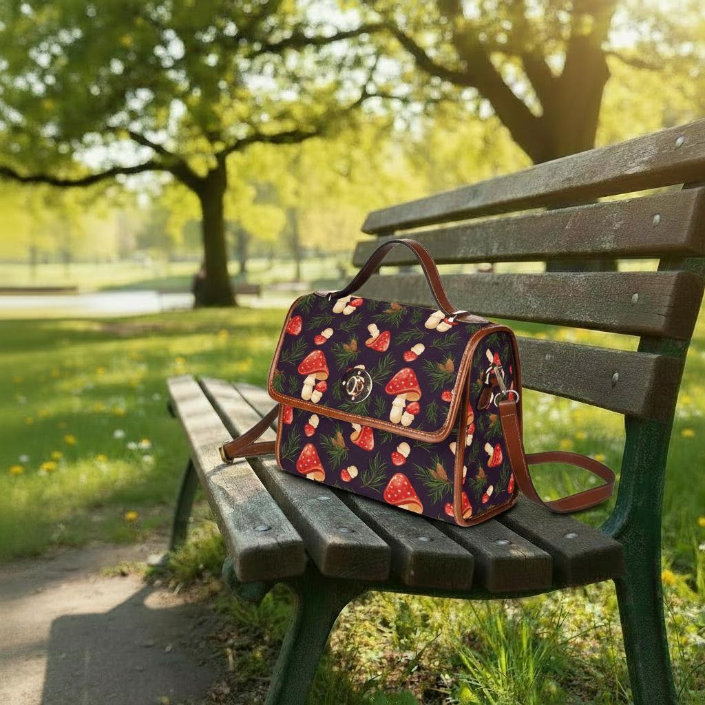 Toadstool Mushrooms Canvas Crossbody Bag – Black Red Dark Academia Handbag