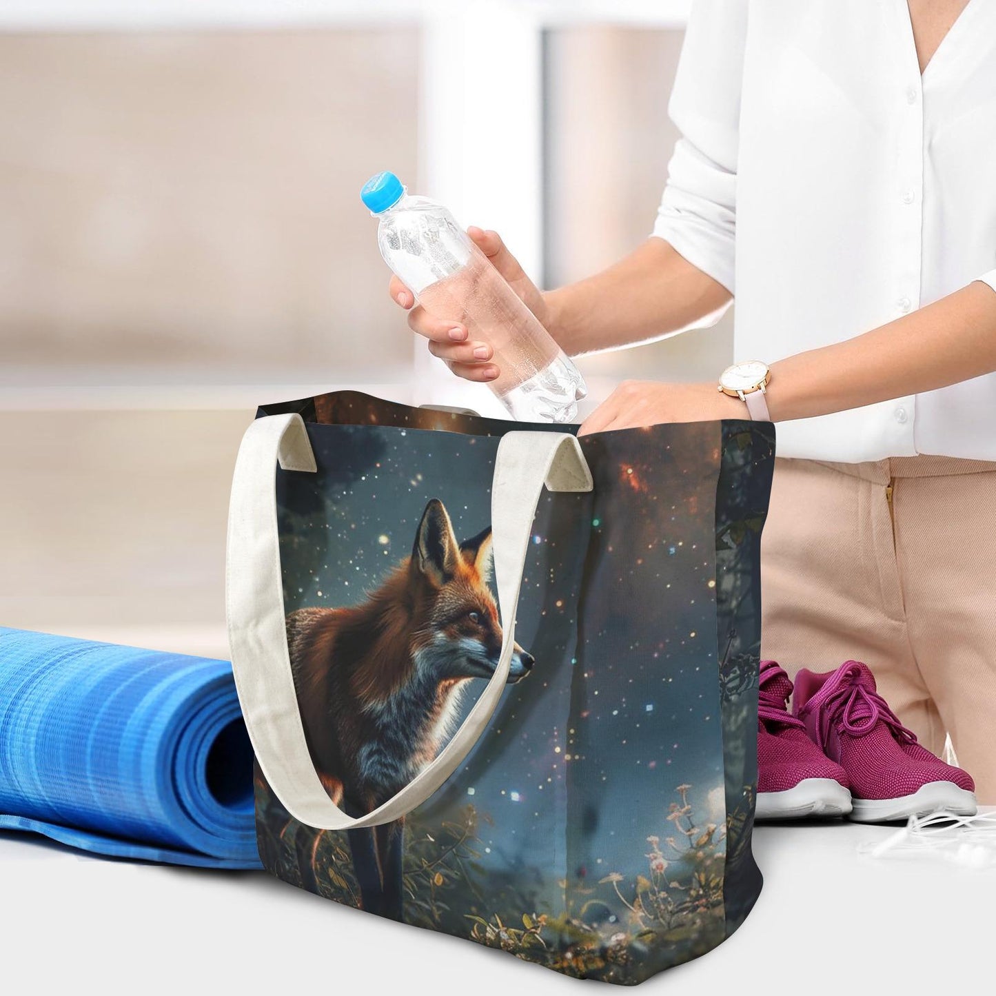 Enchanted Forest Fox Yoga Tote Bag with Mat Holder – Dark Academia Cotton Linen Tote