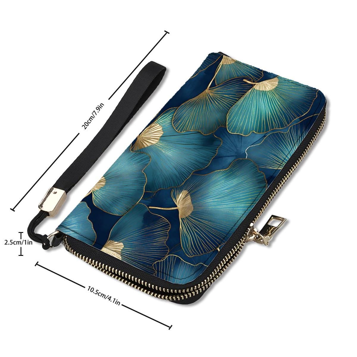 Blue Gold Ginkgo Leaves Clutch Wallet – Elegant Botanical Vegan Purse