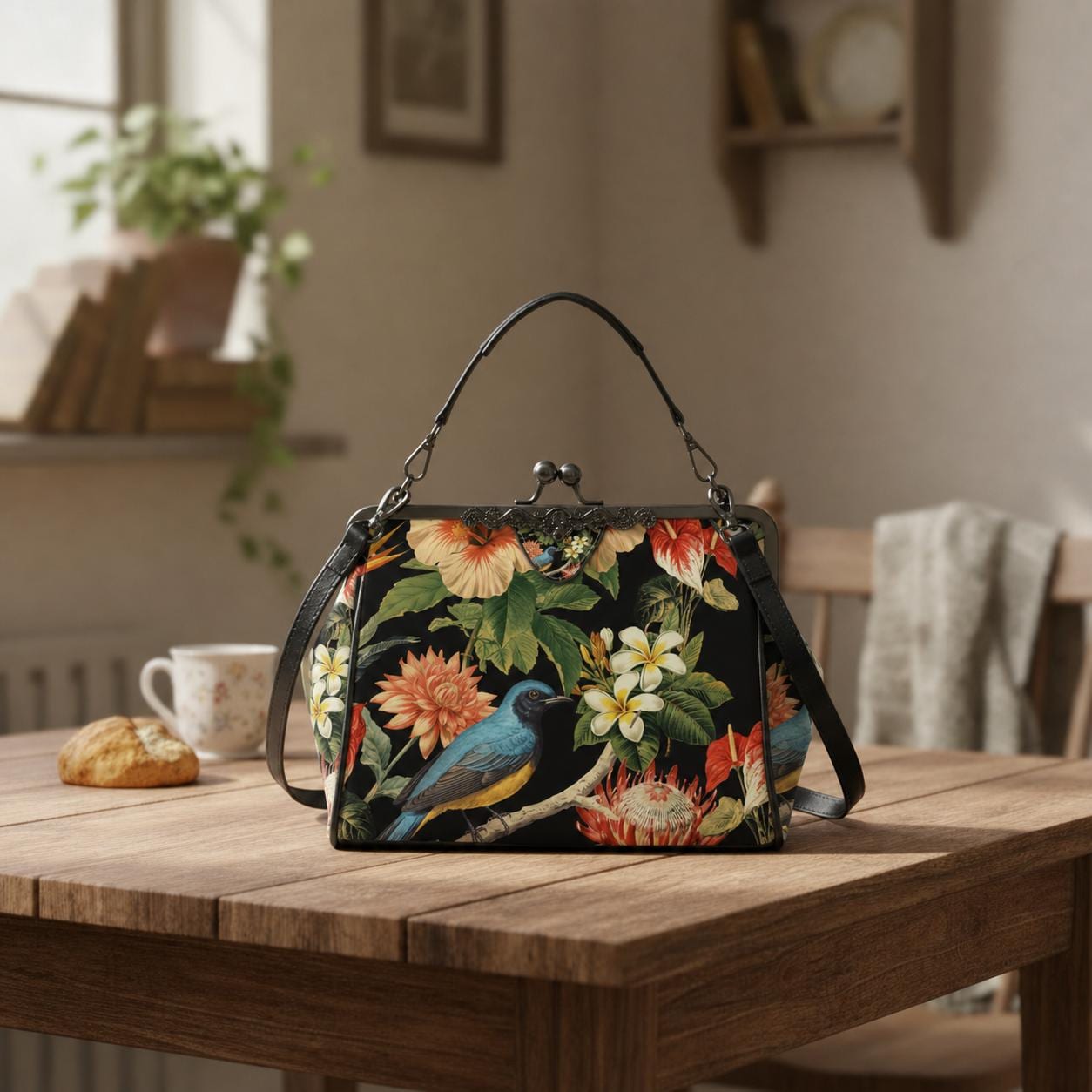 Bold Exotic Flowers & Bird Kisslock Crossbody Shoulder Bag - Dark Academia Handbag