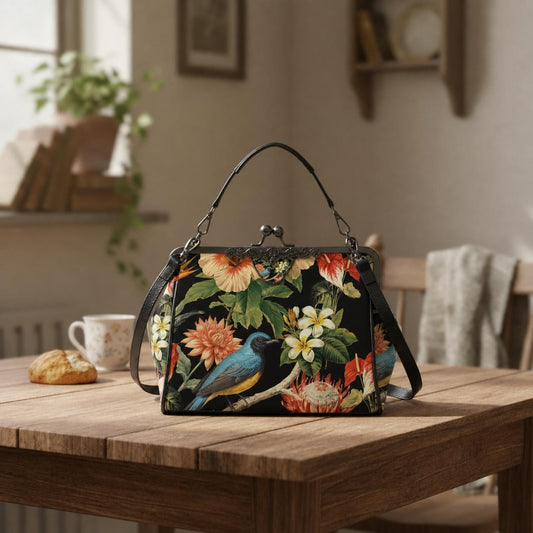 Bold Exotic Flowers & Bird Kisslock Crossbody Shoulder Bag - Dark Academia Handbag
