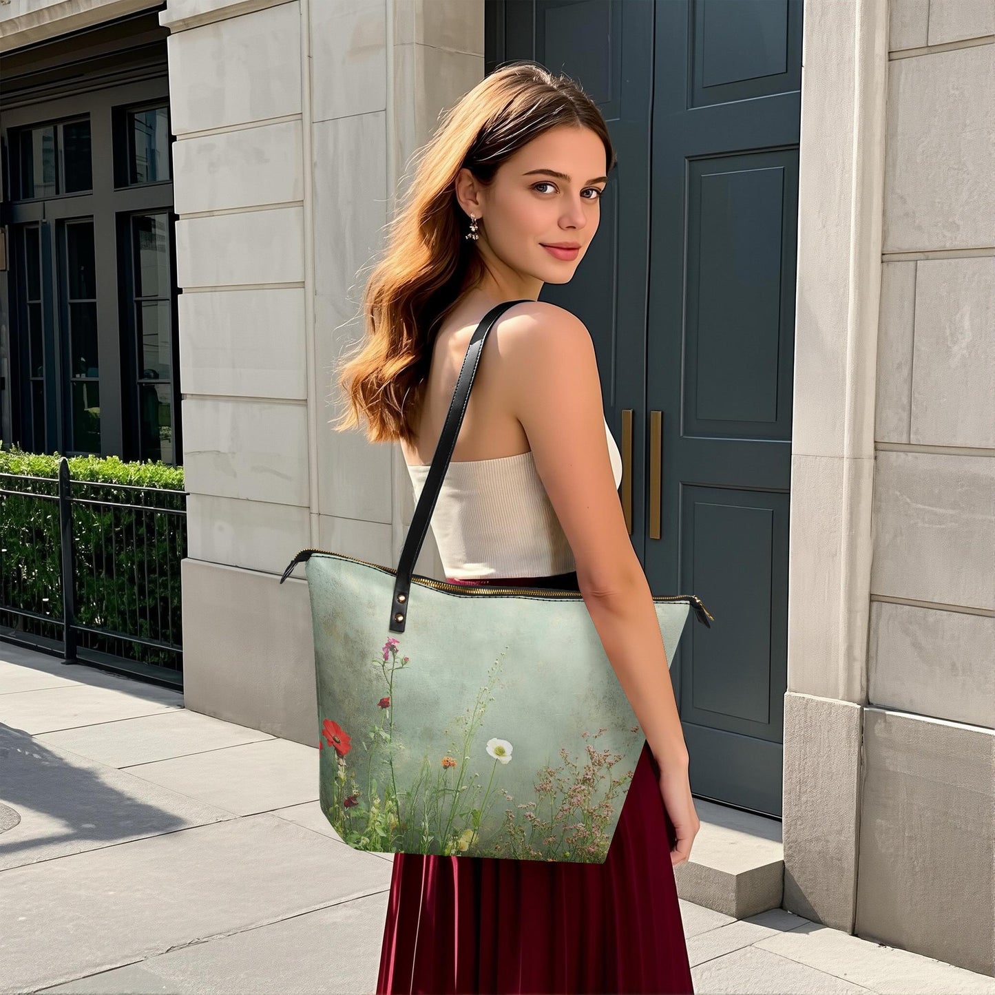 Green Summer Flowers Meadow Roomy Tote Bag - Large Floral Shoulder Handbag Shopper