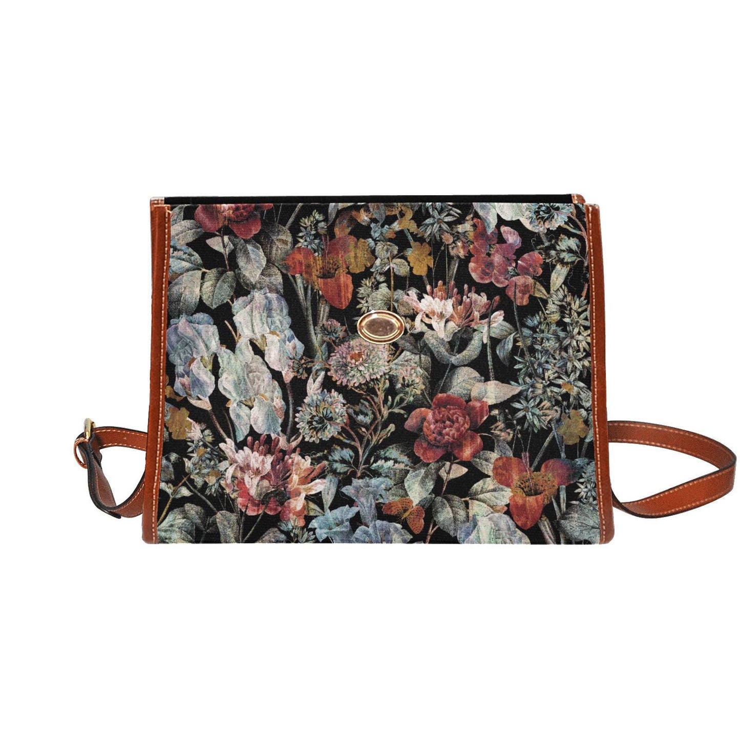 Dark Academia Flowers Canvas Crossbody Bag – Black Red Botanical Handbag