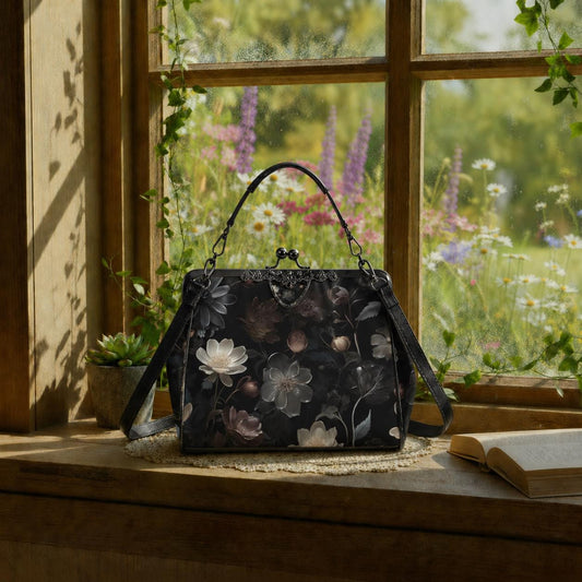 Dark Academia Floral Gothic Handbag - Fairycore Kisslock Crossbody Shoulder Bag