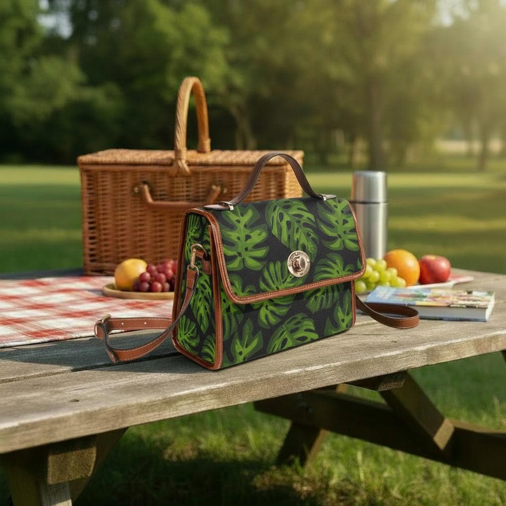 Retro Monstera Botanical Canvas Crossbody Bag – Black Green Vintage Style