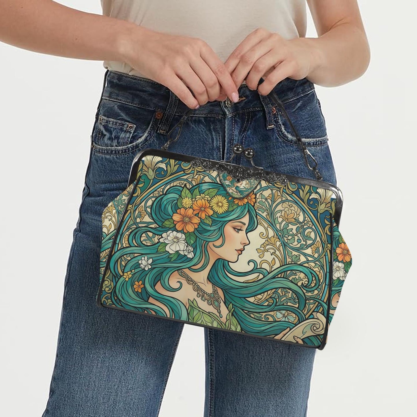 Art Nouveau Style Kisslock Crossbody Handbag - Vintage Romantic Bag