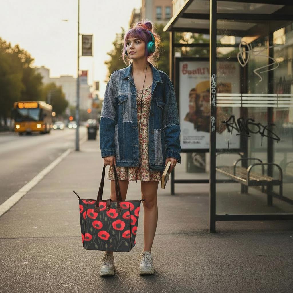 Bolso tote grande negro y rojo con amapolas – bolso de estilo floral dark academia