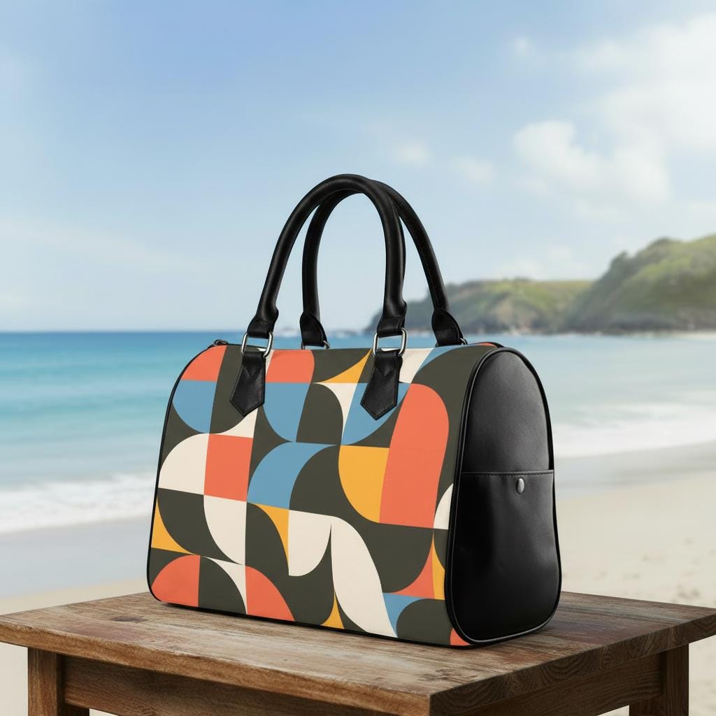 Retro 60s Geometric Print Barrel Handbag – Midcentury Mod Everyday Purse