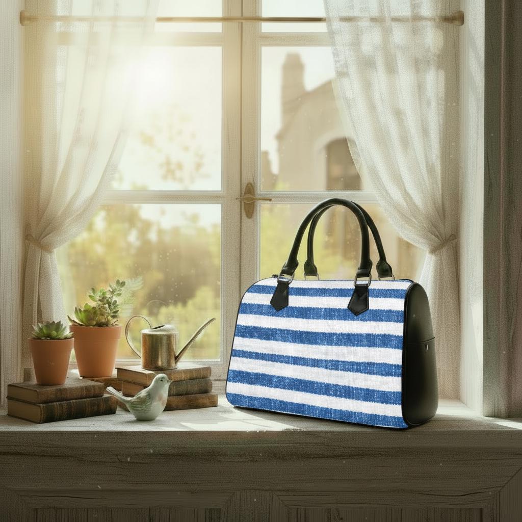 Sac à main en toile à rayures bleues et blanches – Sac à main végétalien en similicuir d'inspiration nautique