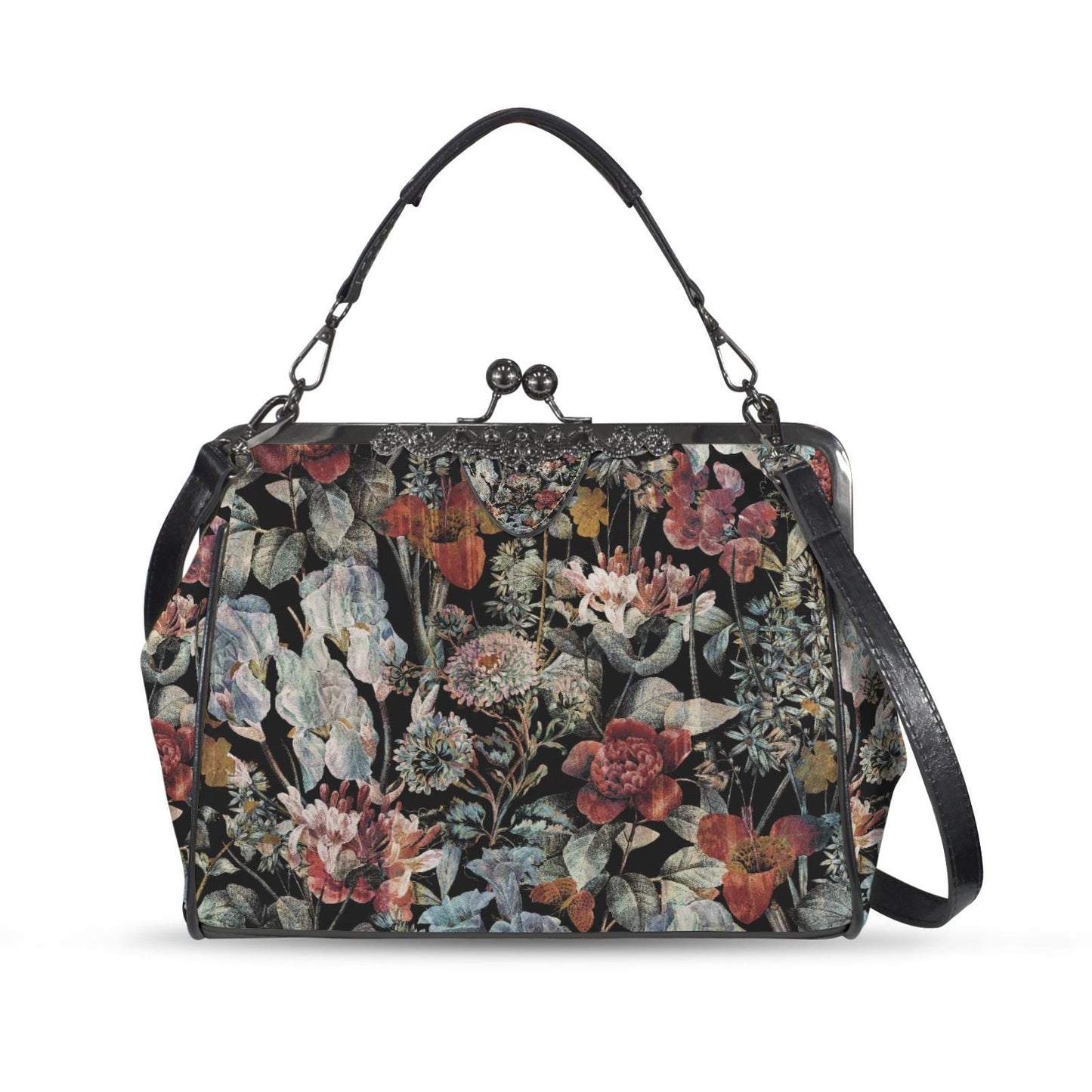 Dark Academia Moody Floral Vintage Kisslock Bag - Victorian Gothic Crossbody