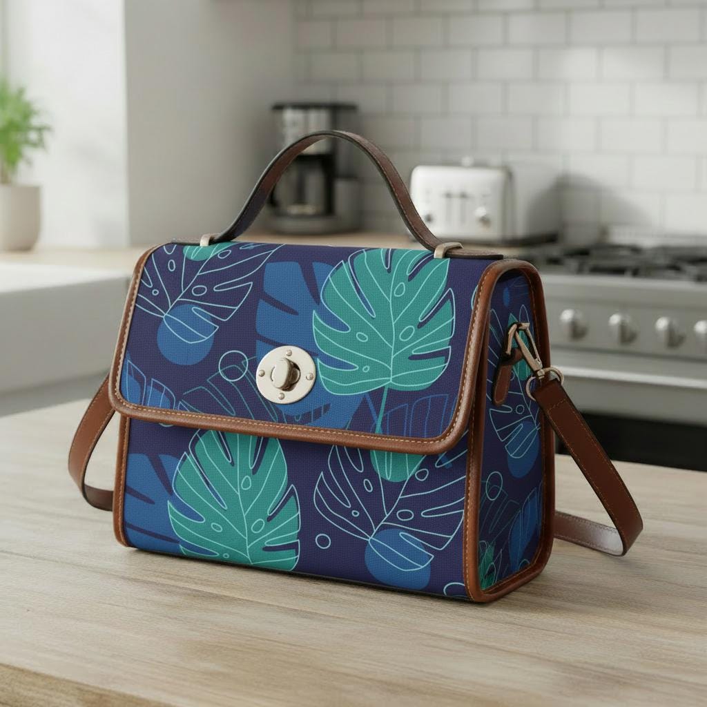 Retro Monstera Botanical Canvas Crossbody Bag – Blue Brown Vintage Style