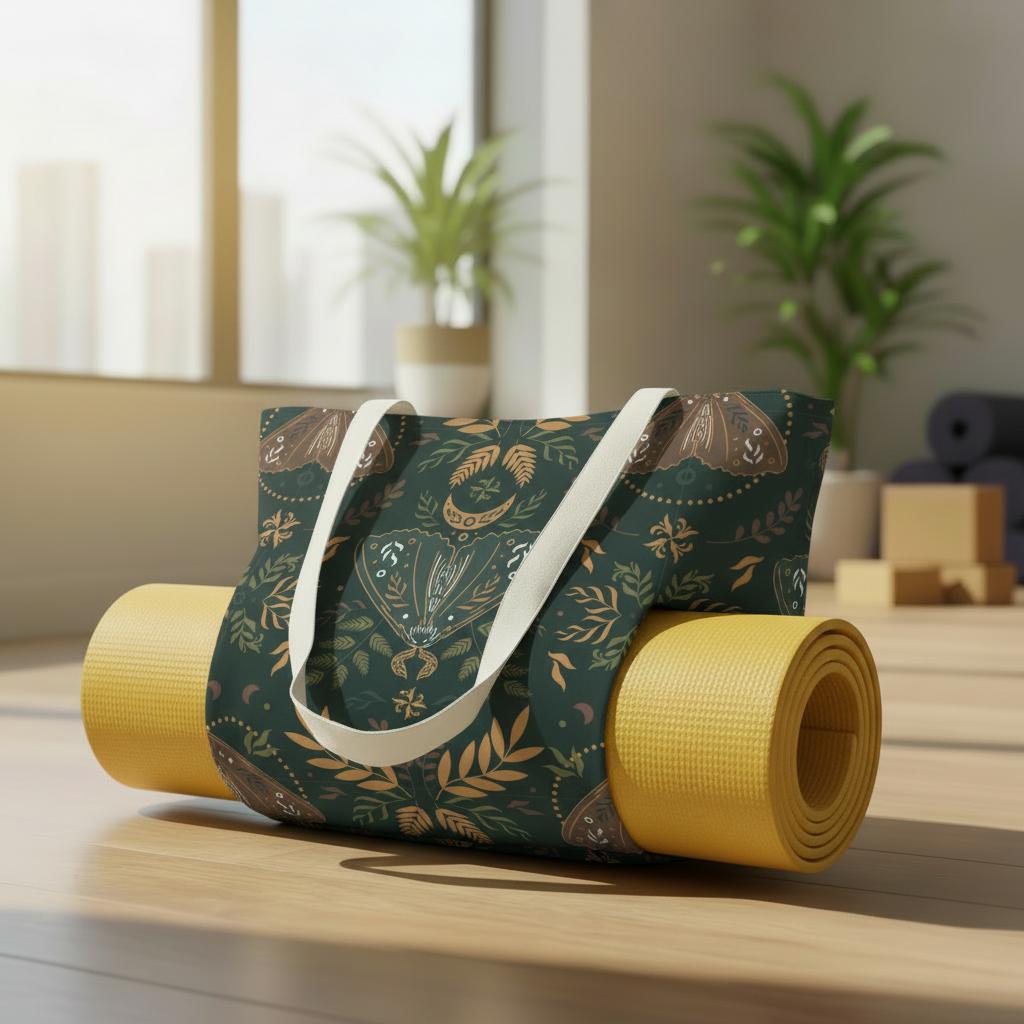 Nordic Retro Yoga Tote Bag with Mat Holder – Large Folkloric Cotton Linen Tote