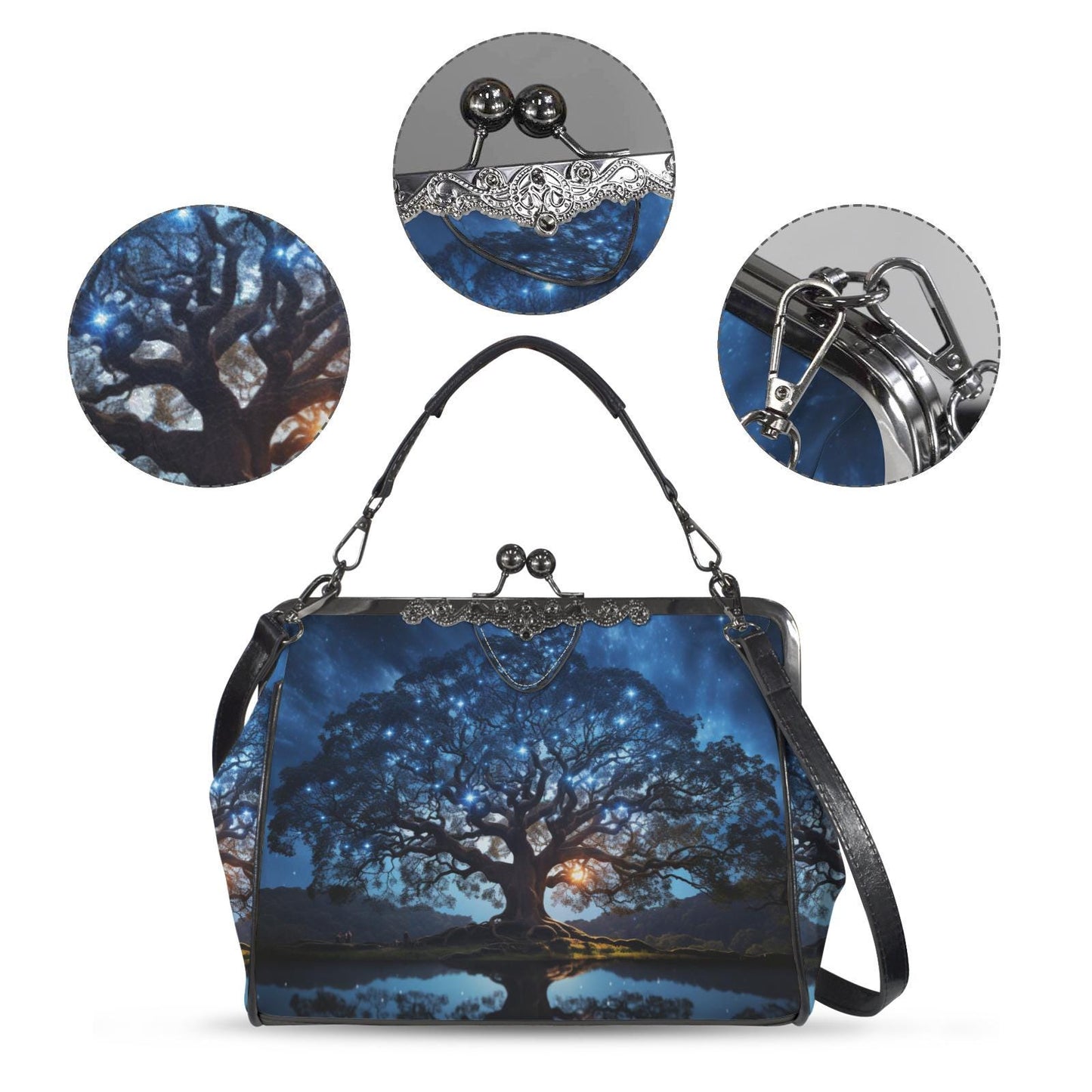 Bold Tree at Night Kisslock Crossbody Shoulder Bag - Blue Black Dark Academia Handbag