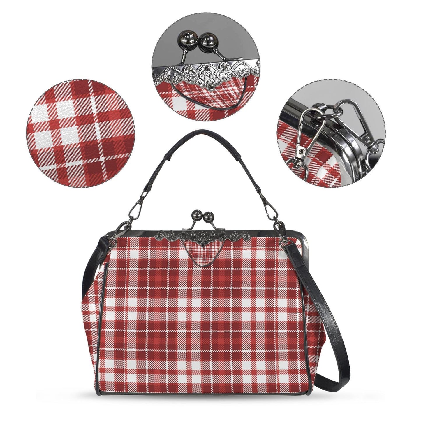 Red White Retro Checkered Kisslock Crossbody Shoulder Bag - 60s Mod Vintage Handbag
